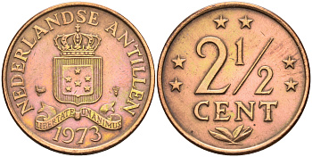 Нидерландские Антилы 2 1/2 цента 1973 Юлиана (1948-1980) KM 9 бронза 4177-342