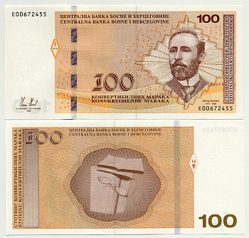 Босния и Герцеговина 100 марок 2012 кирилица - латиница, Петар Кочич (1877-1916) Pick 87А бумага UNC (пресс) 451-14-2