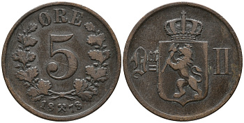 НОРВЕГИЯ 5 ЭРЕ 1878 KM 349 бронза 67-132