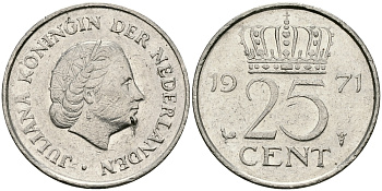 НИДЕРЛАНДЫ 25 ЦЕНТОВ 1971 ЮЛИАНА KM 183 никель 96-225