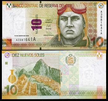 Перу 10 новых солей 2009 Хосе Киньонес Гонсалес (авиатор), Мачу-Пикчу Pick 182 бумага UNC (пресс) 447-72-4-2
