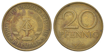 ГДР 20 пфеннигов 1969 A KM 11 латунь 4627-939