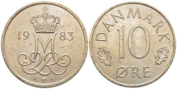 Дания 10 эре 1983 R; B, Маргрете  II (1972-2024) KM 860.3 медно-никель 116-253