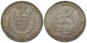 САКСОНИЯ 1 ТАЛЕР 1823 IGS, ФРИДРИХ АВГУСТ I (1806-1827) KM 1091, Jaeger 33, Thun 300, AKS 24, Kahnt 424 серебро 413-4915