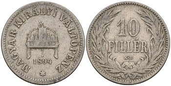 Венгрия 10 филлеров 1894 KB, Франц Иосиф I (1848-1916) KM 482 никель 4151-1057