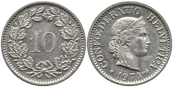 Швейцария 10 раппенов 1974 KM 27 медно-никель 4539-516
