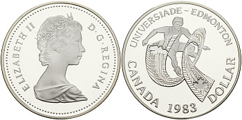 Канада 1 доллар 1983 XII летняя Универсиада в Эдмонтоне KM 138 серебро PROOF 1076-2-24