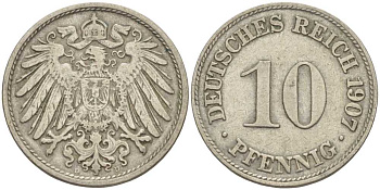 Германия 10 пфеннигов 1907 D KM 12, J. 13 медно-никель 31-111