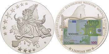 НИДЕРЛАНДЫ МЕДАЛЬ 2002 ПОХИЩЕНИЕ ЕВРОПЫ, КУПЮРА 100 ЕВРО, СЕРЕБРЕНИЕ, ЦВЕТНАЯ ЭМАЛЬ, ДИАМЕТР 40 ММ. ВЕС 27,92 ГР. медно-никель PROOF 1082-8-42