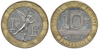 Франция 10 франков 1988 тип гений Бастилии KM 964.1, Le Franc 375.2 биметалл 4128-513