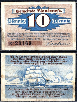 Бланкенезе (Пруссия, Шлезвиг-Гольштейн) 10 пфеннигов 1921 Mehl Grabowski 115.1a-1/2 бумага 7556-50-1-1