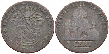 БЕЛЬГИЯ 2 САНТИМА 1845 BELGES KM 4.2 медь 110-533