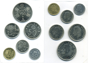 Испания официальный набор из 6 монет (50 сентимов; 1, 5, 25, 50 и 100 песет) 1980 чемпионат мира по футболу в Испании 1982 года KM MS11 (815, 816, 817, 818, 819 и 820)  UNC 7-5-6-22