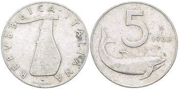 Италия 5 лир 1953 R, дельфин, плуг KM 92 алюминий 4523-635