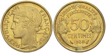 ФРАНЦИЯ 50 САНТИМОВ 1939 ТИП MORLON KM 894.1, LE FRANC 192.15 алюминиевая бронза 44-857