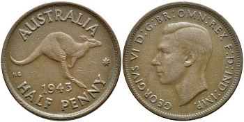 АВСТРАЛИЯ 1/2 ПЕННИ 1943 m, ГЕОРГ VI (1936-1952), КЕНГУРУ KM 41 бронза 4390-613
