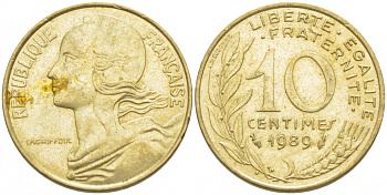 Франция 10 сантимов 1989 тип Marianne KM 929, le Franc 144.29 алюминиевая бронза 3309-1064