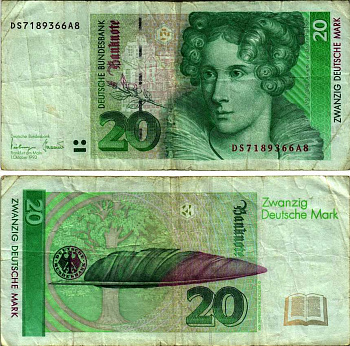 ФРГ 20 МАРОК 1993 1 ОКТЯБРЯ 1993, АННЕТТЕ фон ДРОСТЕ-ХЮЛЬСХОФФ (1797-1848), ПОДПИСЬ Tietneyer-Gaddum Pick 39b бумага 6280-14-1-1