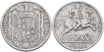 ИСПАНИЯ 10 СЕНТИМО 1941 PLUS, РЫЦАРЬ НА КОНЕ KM 766 алюминий 119-911