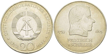 ГДР 20 марок 1972 А, Фридрих Шиллер (1759-1805) KM 40 медно-никель 4521-633