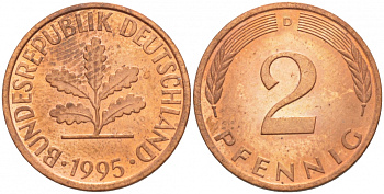 ФРГ 2 ПФЕННИГА 1995 D KM 106a, J.381a сталь плакированная сталь плакированная медьюю 4532-569