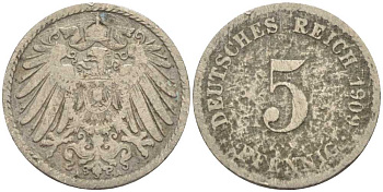 ГЕРМАНИЯ 5 ПФЕННИГОВ 1909 A KM 11, J. 12 медно-никель 100-1127