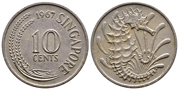 СИНГАПУР 10 ЦЕНТОВ 1967 МОРСКОЙ КОНЕК КМ 3 медно-никель 57-326