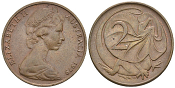 Австралия 2 цента 1979 Елизавета II (1952-2022), плащеносная ящерица (FRILLED LIZARD)  KM 63 бронза 85-633