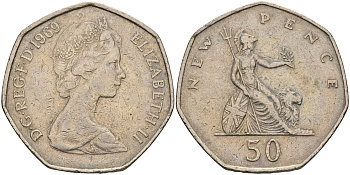 Великобритания 50 пенсов 1969 Елизавета II (1952-2022) KM 913, Spink 4223 (H1) медно-никель    59-222