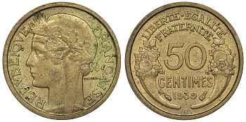 Франция 50 сантимов 1939 тип Morlon KM 894.1, Le Franc 192.15 алюминиевая бронза 4124-351