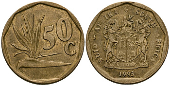 ЮАР 50 центов 1993 цветок KM 137 сталь плакированная латунью 4167-311