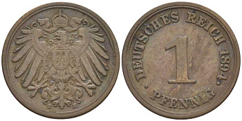 ГЕРМАНИЯ 1 ПФЕННИГ 1894 E KM 10, J. 10, Weege 2 медь 211-162