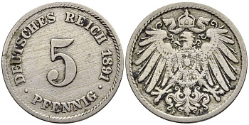 ГЕРМАНИЯ 5 ПФЕННИГОВ 1891 F KM 11, Jager 12, Weege 6 медно-никель 4547-326