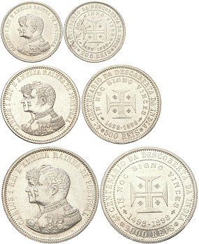 Португалия полный набор из 3 монет (200, 500 и 1000 реалов) 1898 400 лет Открытию Индии KM 537, 538 и 539 серебро aUNC 1530-1141-1143