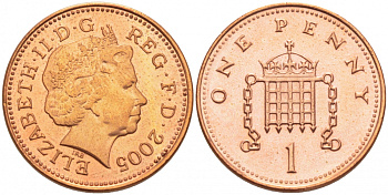 Великобритания 1 пенни 2005 Елизавета II (1952-2022) KM 986, Spink 4710 (B5) сталь плакированная медью UNC 112-1041