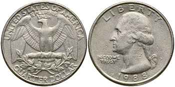 США 25 ЦЕНТОВ = КВОТЕР 1988 P, ВАШИНГТОН KM А164а медь плакированная медно-никелем 4388-236