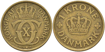 ДАНИЯ 1 КРОНА 1926 HCN; GJ, КРИСТИАН X (1912-1947) KM 824.1 алюминиевая бронза 38-425