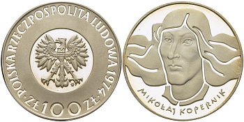 Польша 100 злотых 1974 MW, Николай Коперник KM 68 серебро PROOF 1087-5-62