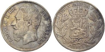Бельгия 5 франков 1869 Леопольд II (1865-1909) KM 24 серебро 5010-845