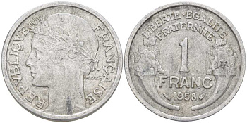 ФРАНЦИЯ 1 ФРАНК 1958 ТИП MORLON KM 885а.1, LE FRANC 221.21 алюминий 212-921