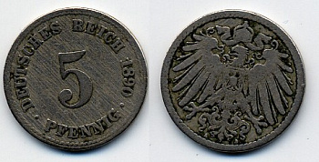 ГЕРМАНИЯ 5 ПФЕННИГОВ 1890 A, KM 11, J. 12 медно-никель 51-5058