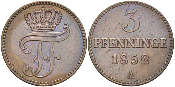 Мекленбург-Шверин 3 пфеннига 1852 А, Фридрих Франц II (1842-1883) Jaeger 56, AKS 48, KM 310 (C101a) медь 4448-1251