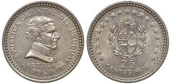 Уругвай 25 сентесимо 1960 KM 40 медно-никель 4169-1047