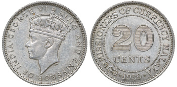 Британская Малайя 20 центов 1939 Георг VI (1937-1952) KM 5 серебро 53-344