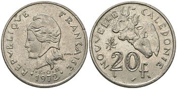 Французская Новая Каледония 20 франков 1972 три быка, (IEOM) KM 12, Schoen 14, Lec 106 никель 69-615