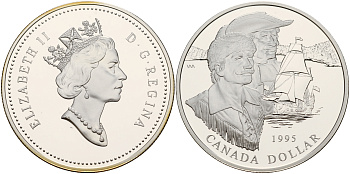 Канада 1 доллар 1995 Компания Гудзонова залива, одна из старейших торговых компаний Северной Америки, основана в 1670 году, в оригинальной коробке, с сертификатом КМ 259 серебро PROOF 5-6-4-20