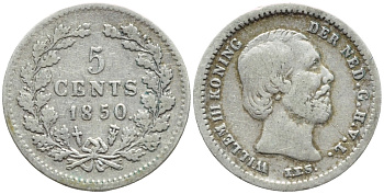 Нидерланды 5 центов 1850 Виллем III (1849-1890), точка после даты KM 91 серебро 4396-247
