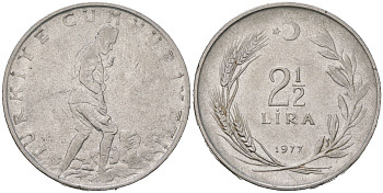 Турция 2 1/2 лиры 1977 KM 893.2 нержавеющая сталь aUNC 117-1137