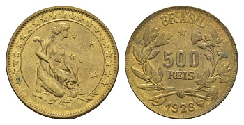Бразилия 500 реалов (рейсов) 1928 KM 524 алюминиевая бронза UNC 1519-1521