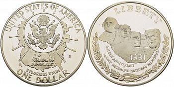 США 1 доллар 1991 S, 50 лет мемориалу президентов, гора Рашмор KM 229 серебро PROOF 01-152-25